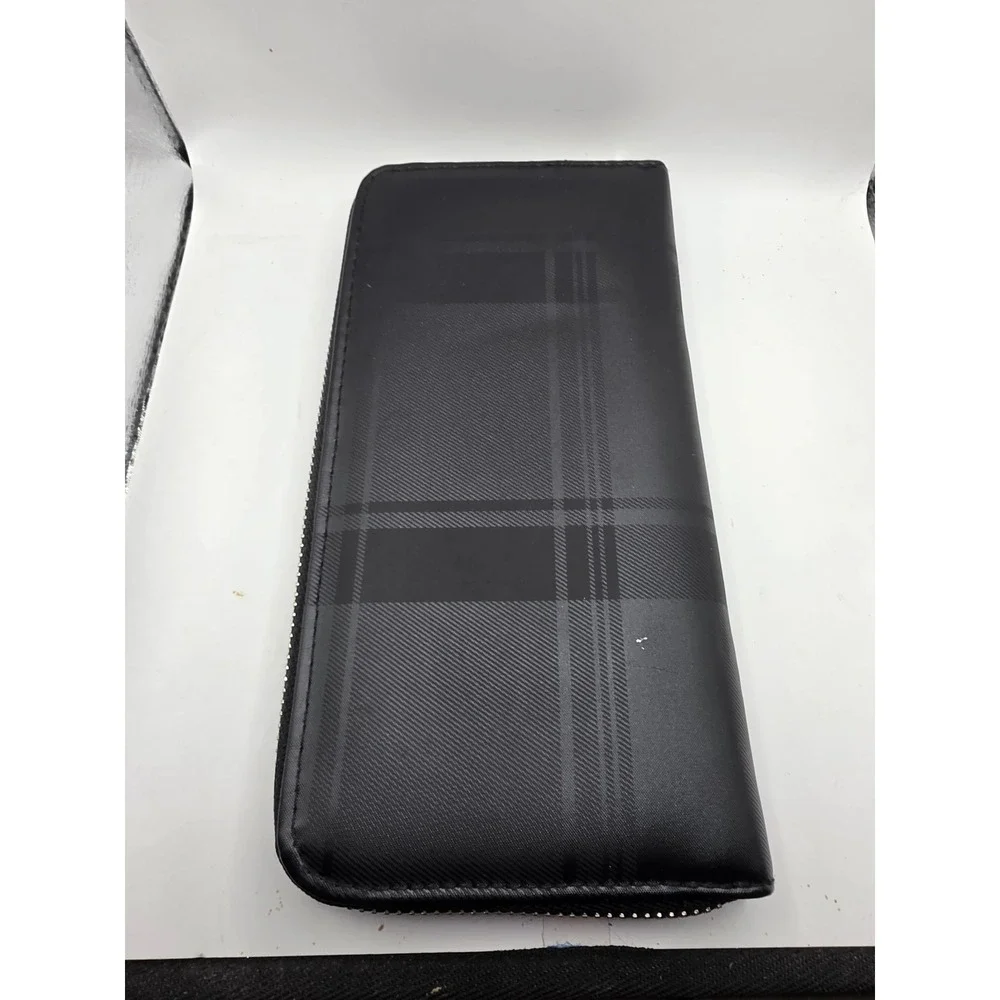 BCBGeneration Black Tonal Plaid Zip Around Wallet Silver Logo Bar Accordion